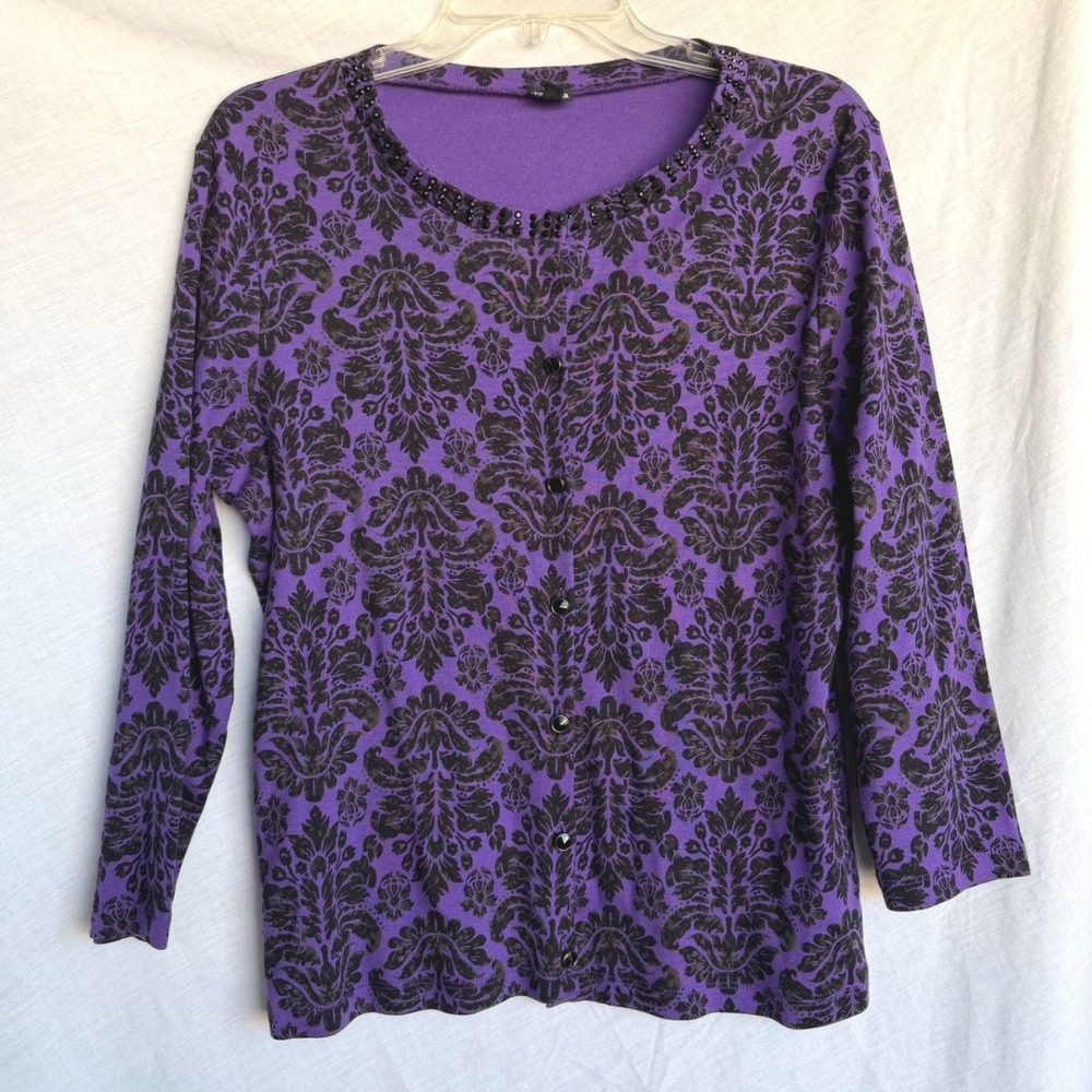 100% Cotton Rafaella Cardigan Purple Black Damask Beaded Sweater Baroque Large